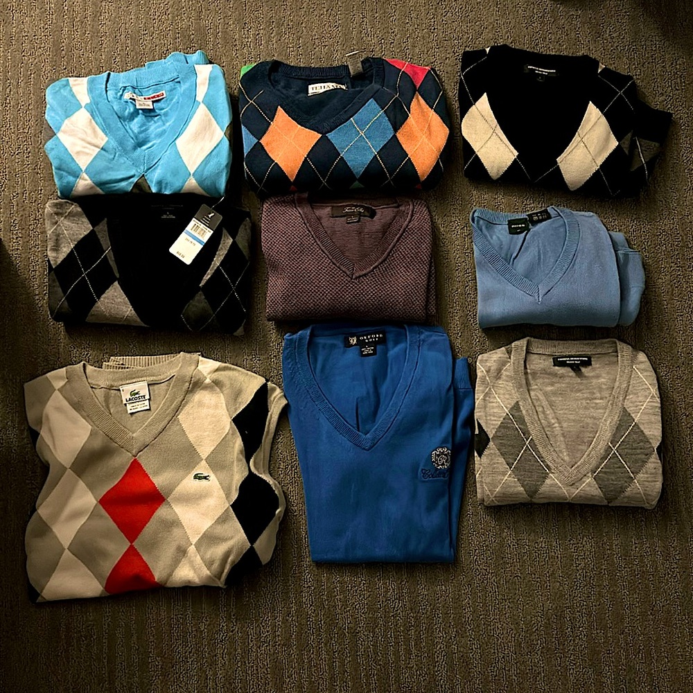 Sweater Vests. Patterns. Solids. Argyle. Name brand. Golf apparel. Dinner attire